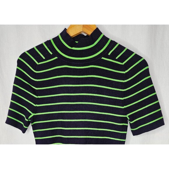 Striped Ribbed Knit Mock Neck Short Sleeve Top Navy & Green Free Assembly Large - Picture 3 of 6